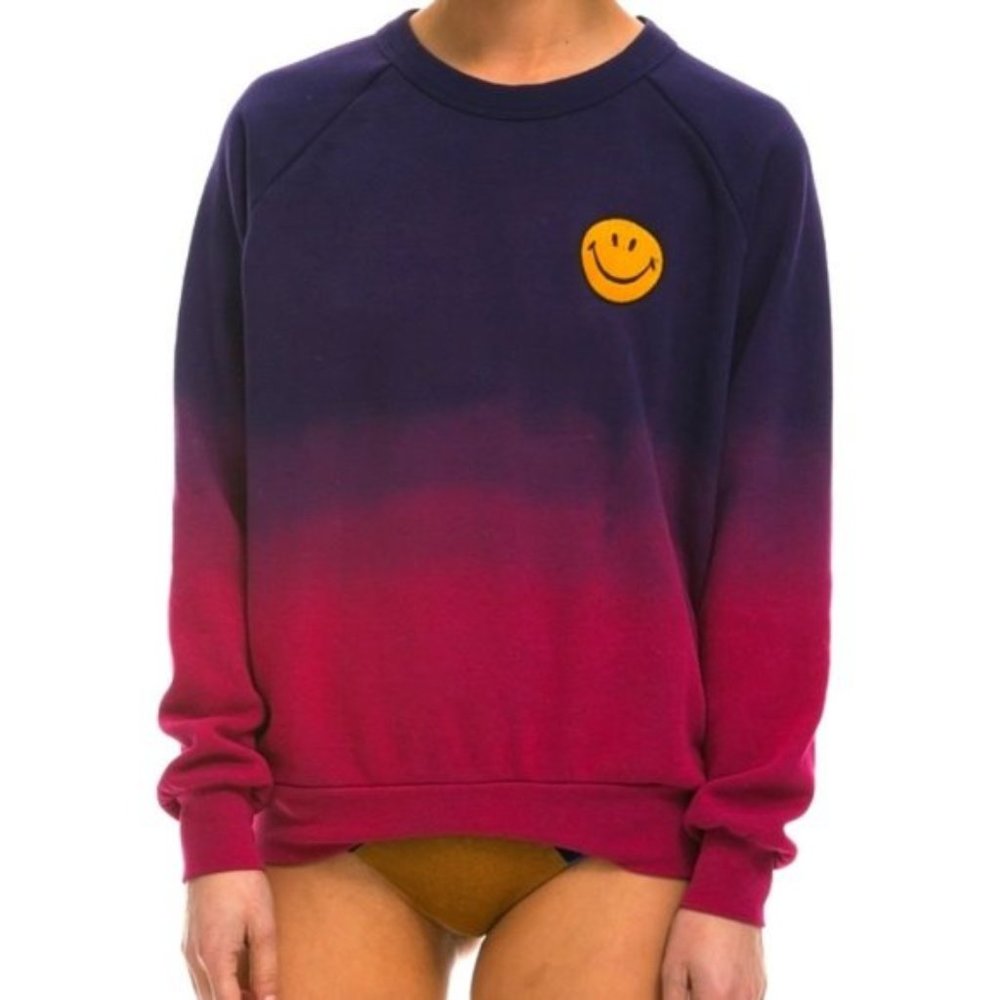 Aviator Nation Navy to Magenta Ombre Sweatshirt with Yellow Smiley